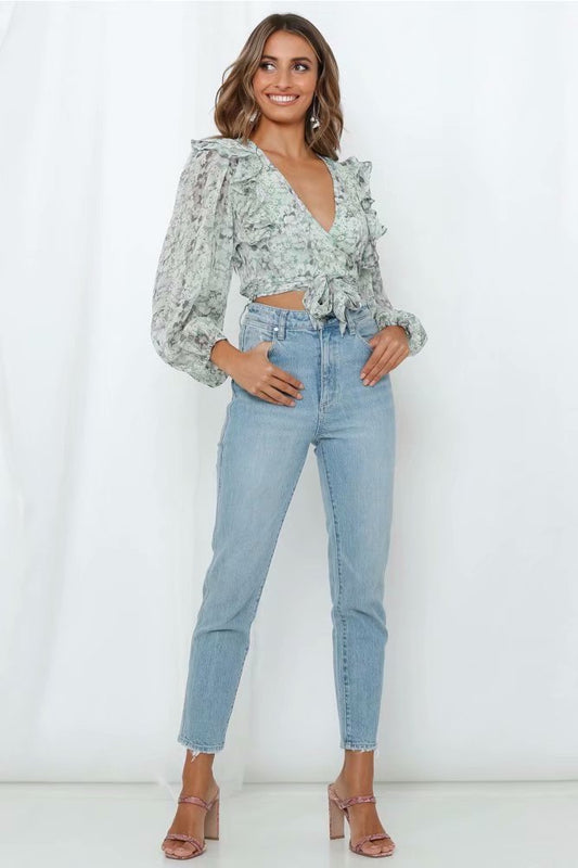 Floral Print Top with Long Sleeves and Deep V-neck Tie