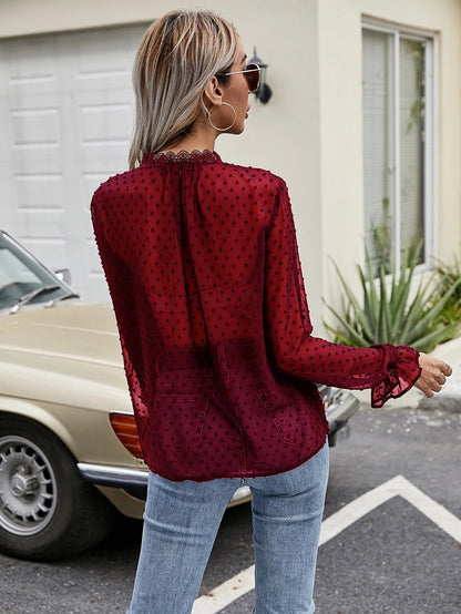 Paneled Lace VNeck Long Sleeve Dot Chiffon Shirt Top
