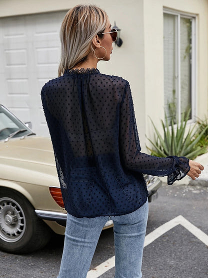 Paneled Lace VNeck Long Sleeve Dot Chiffon Shirt Top