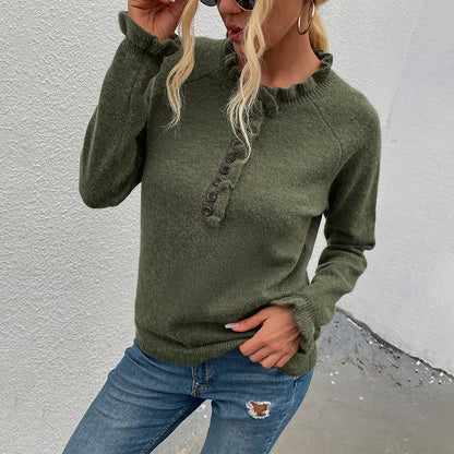 Knit Sweater Wooden Ear Button Blouse