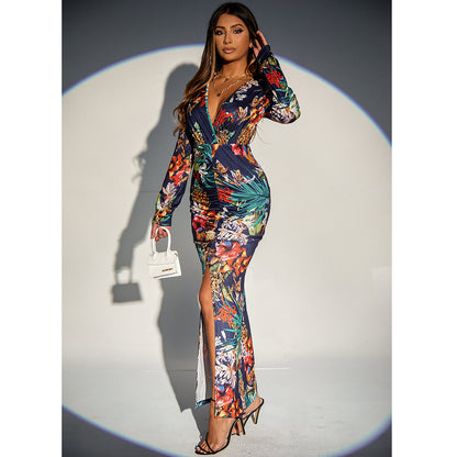 Dress Deep V Long Skirt High Waist Slit