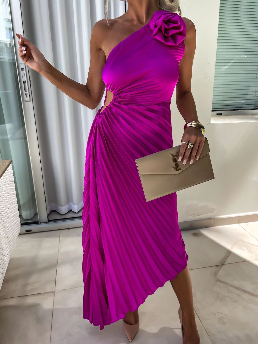 Pleated One-Shoulder Dress with Rose Flower Asymmetrical
