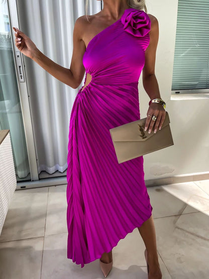 Pleated One-Shoulder Dress with Rose Flower Asymmetrical