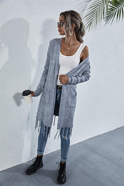 Long Sleeve Fringed Cardigan Sweater Jacket