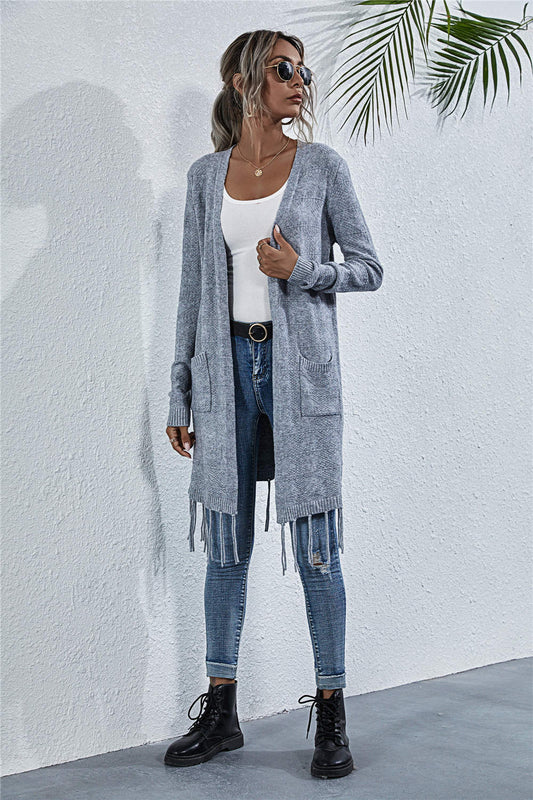Long Sleeve Fringed Cardigan Sweater Jacket