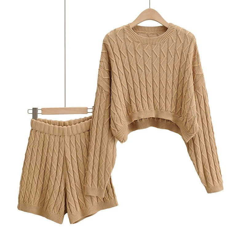 Round Neck Twist Knit Loose Long-Sleeved Knitted Sweater Two Set