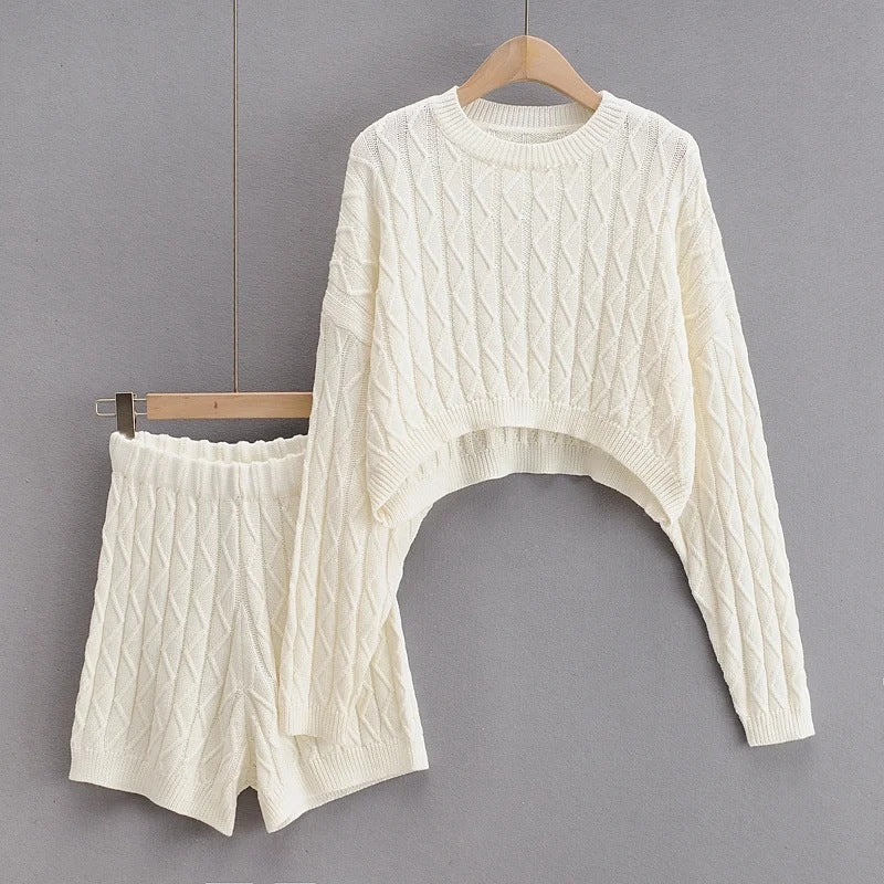 Round Neck Twist Knit Loose Long-Sleeved Knitted Sweater Two Set