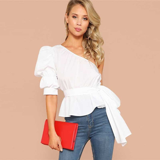 Off-Shoulder Lace-Up Lantern Sleeve Slim Top