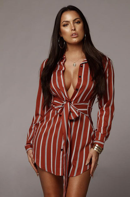 Striped Shirt Dress Tie Waist Casual Dress