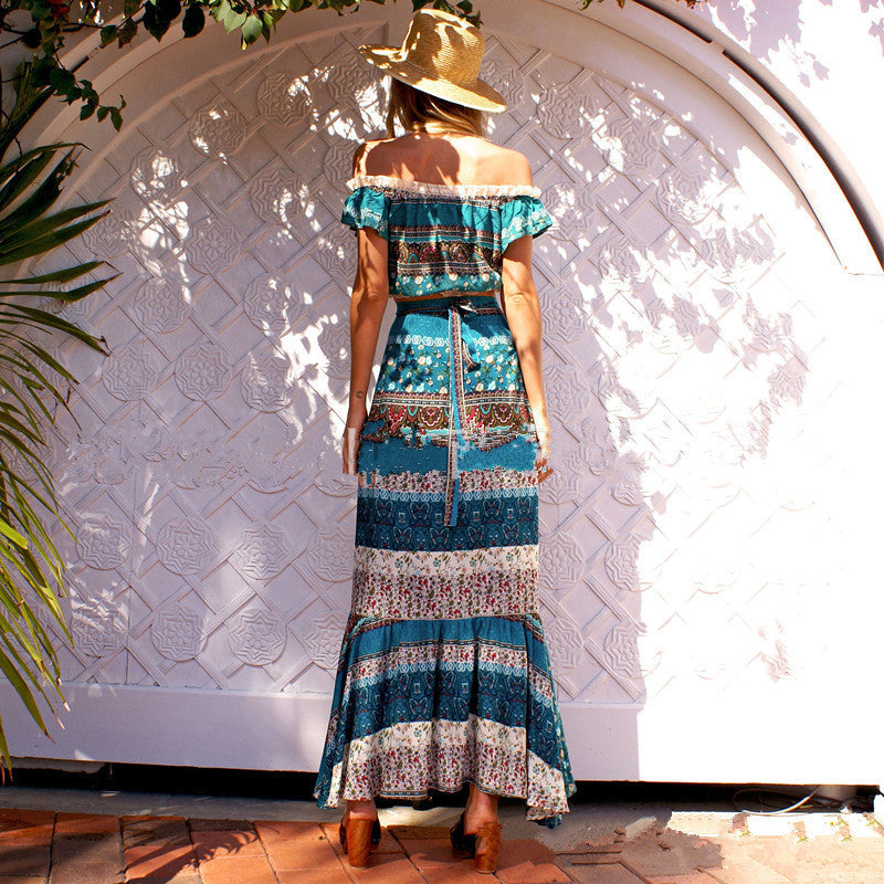 Two-Piece Set One-Shoulder Crop Blouse & High-Waist Skirt