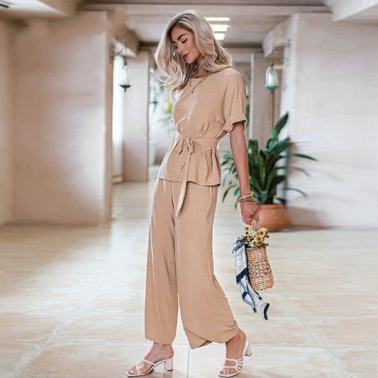 Two-Piece Solid Color Round Neck Short-Sleeved Top And Wide-Leg Pants