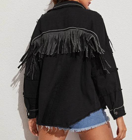 Beaded Denim Jacket Loose Fit with Fringed Hem