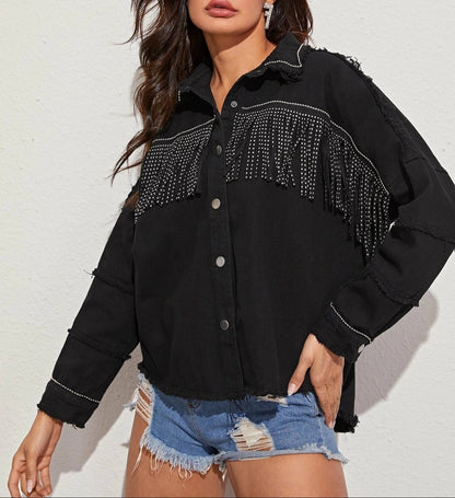 Beaded Denim Jacket Loose Fit with Fringed Hem