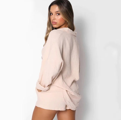 Single-Breasted Cardigan Loose Top High Waist Shorts Two-Piece Set