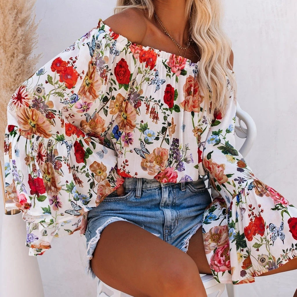 One-Shoulder Flared Sleeve Blouse