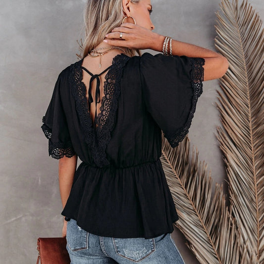 Lace Stitching Big V-Neck Short Sleeve Lace Top