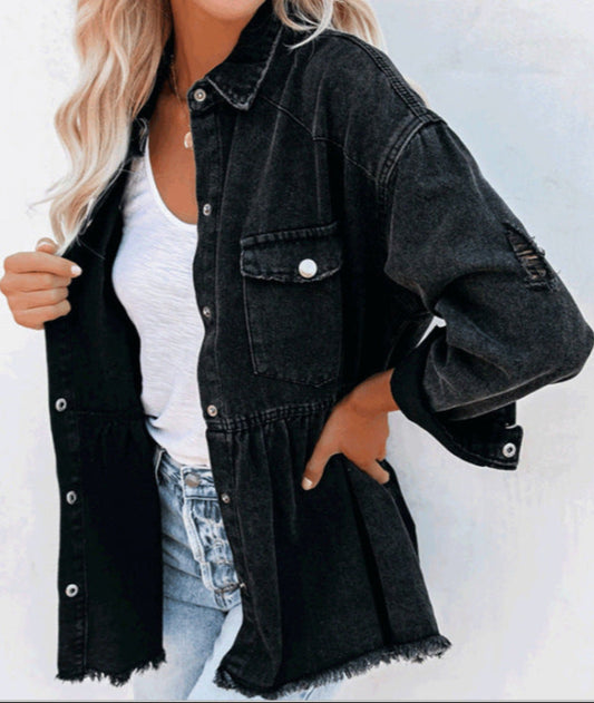 Black Denim Jacket Long Sleeve Raw Edge Cowgirl Style Jacket