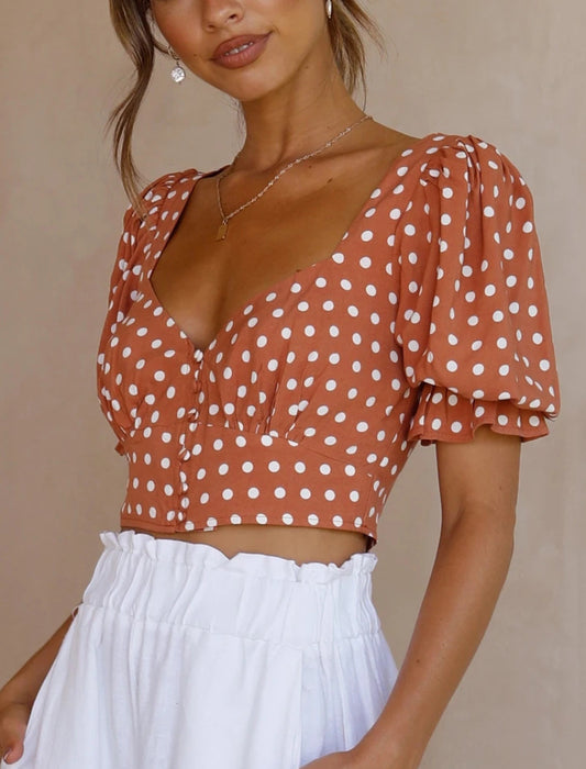 V-Neck Polka Dot Chiffon Top