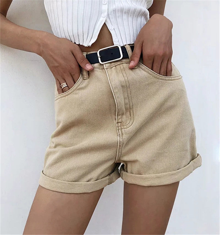 High-Waist Light Denim Shorts – Cotton Blend
