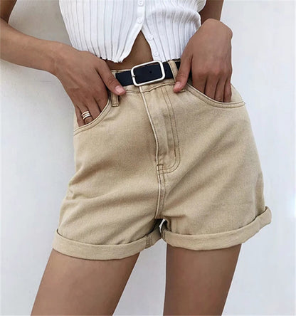 High-Waist Light Denim Shorts – Cotton Blend