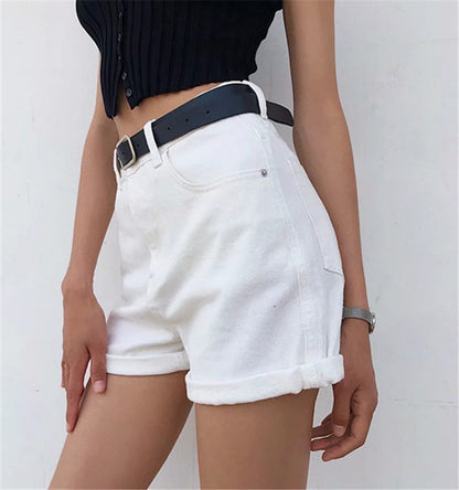 High-Waist Light Denim Shorts – Cotton Blend