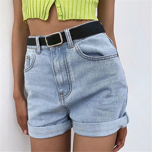 High-Waist Light Denim Shorts – Cotton Blend