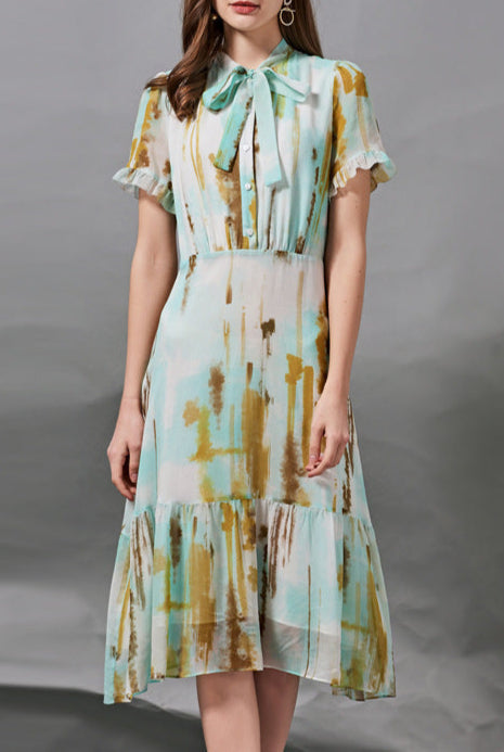 Silk Bow Tie Waist Dress Slimming Elegant A-Line