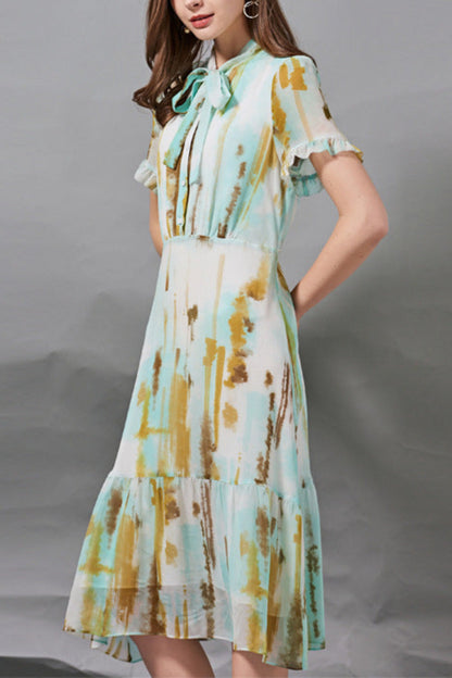 Silk Bow Tie Waist Dress Slimming Elegant A-Line