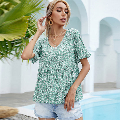 Short Sleeve Floral Summer Loose V-Neck Ruffle Blouse
