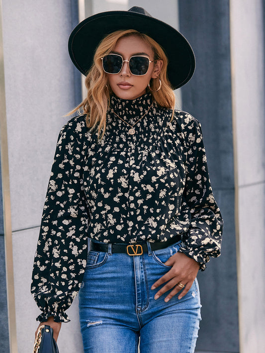 High Neck Ruffle Sleeve Blouse