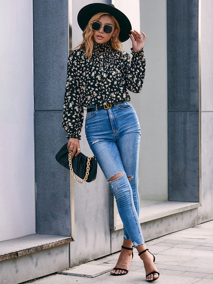 High Neck Ruffle Sleeve Blouse