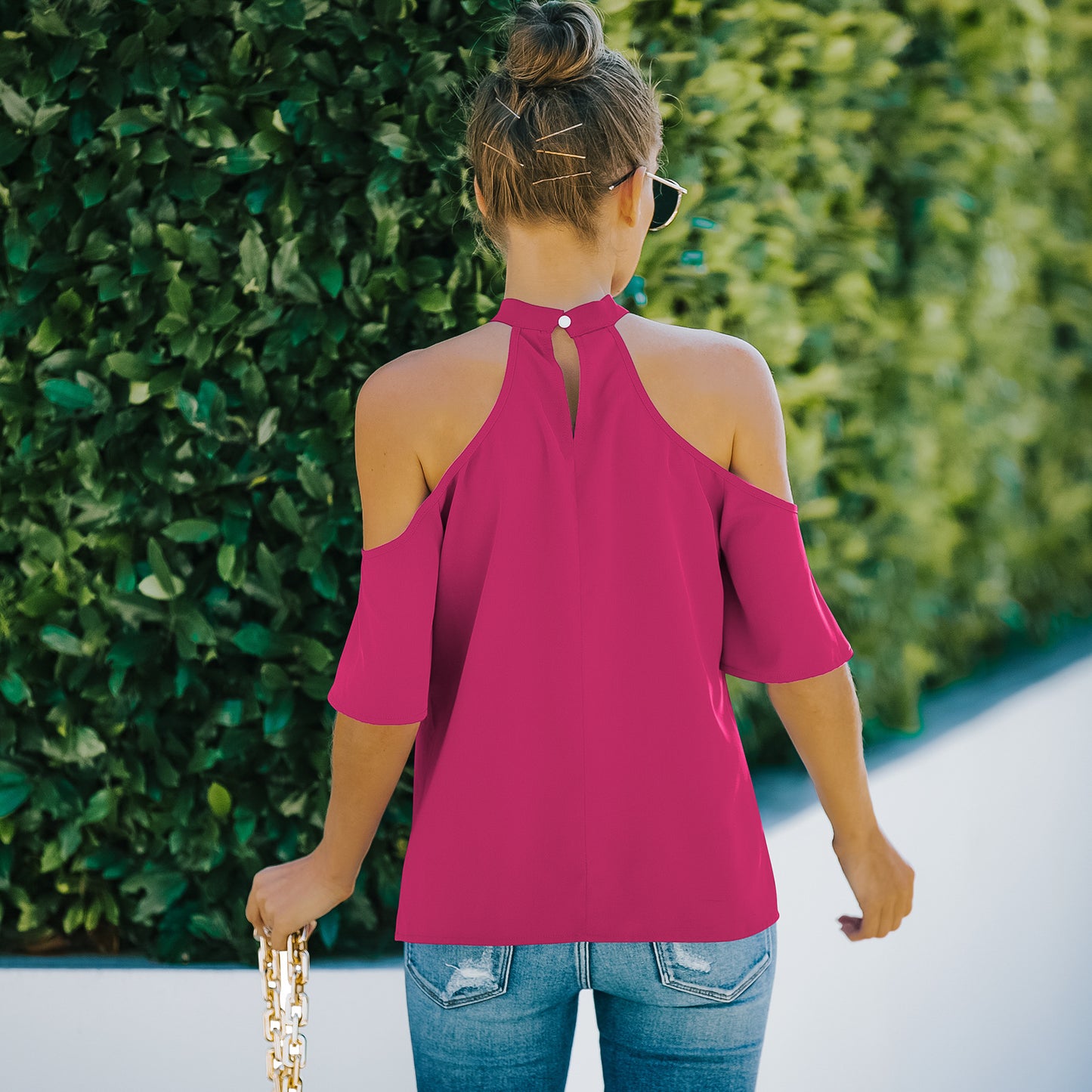 Half Sleeve Solid Color Off-Shoulder Top