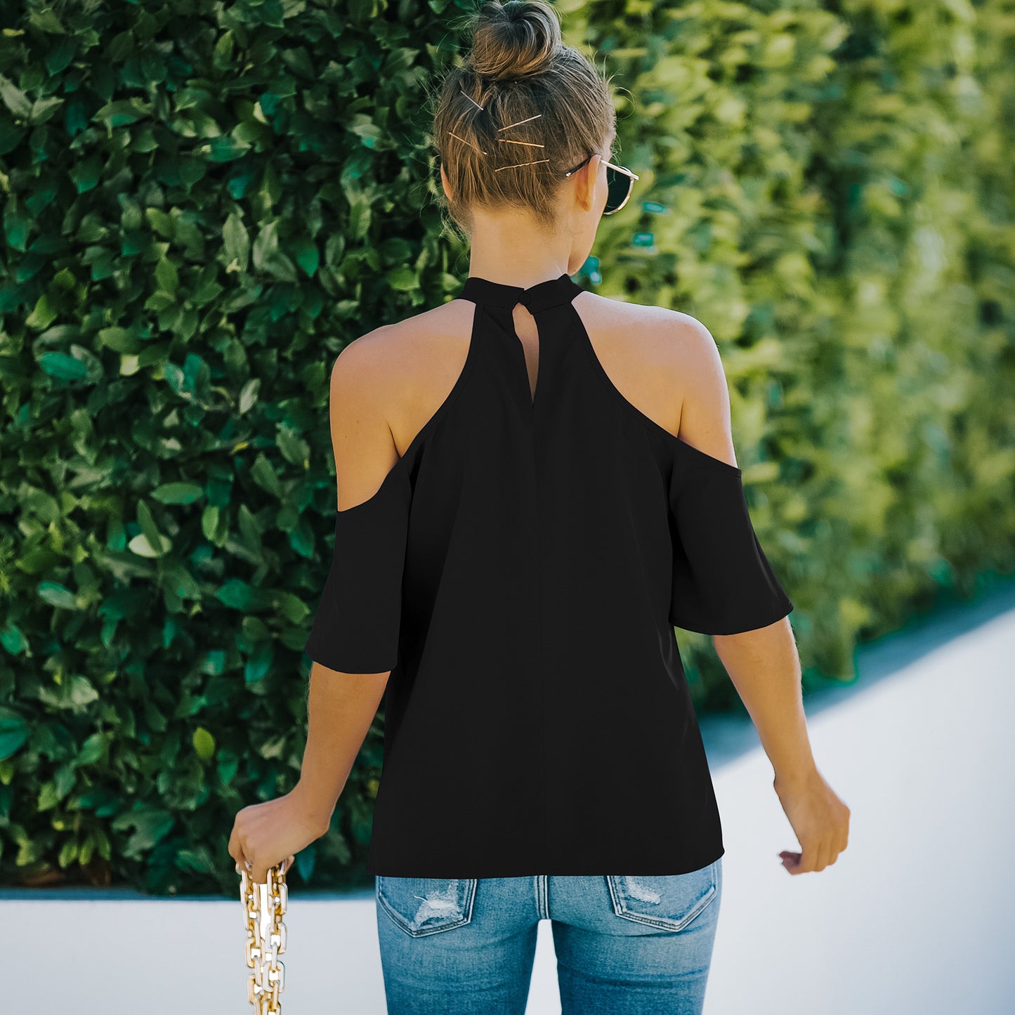 Half Sleeve Solid Color Off-Shoulder Top