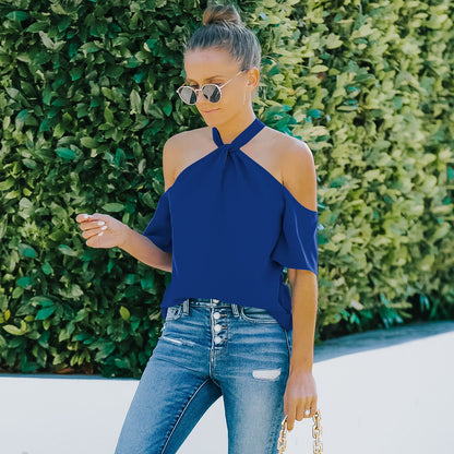 Half Sleeve Solid Color Off-Shoulder Top