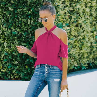 Half Sleeve Solid Color Off-Shoulder Top