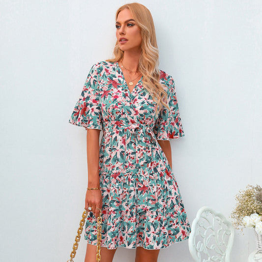 European And American V-neck Short-sleeved Ruffled Floral Dress