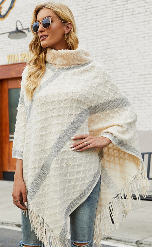 Shawl Cloak Fur Collar Fringed Hem Cardigan