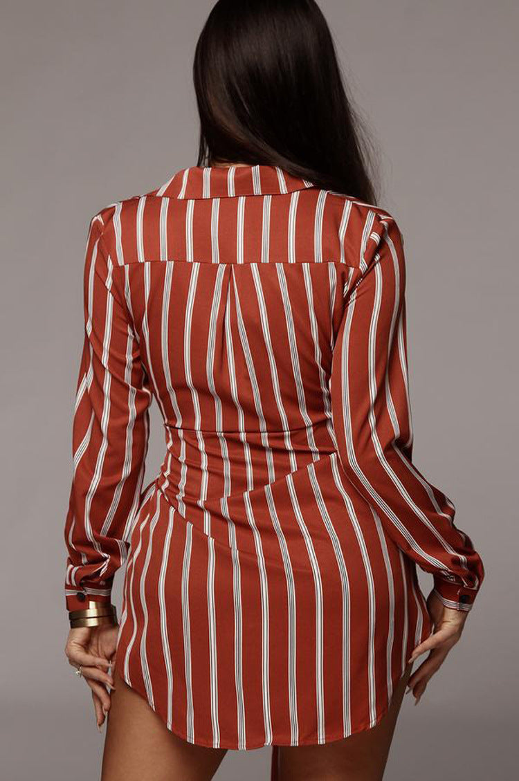 Striped Shirt Dress Tie Waist Casual Dress