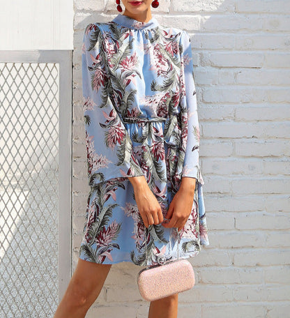 Flare Sleeve Chiffon Print Dress