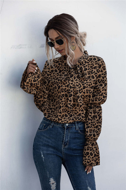 Leopard Print Lace-up Lantern Sleeve Blouse