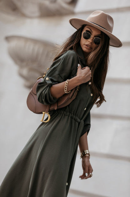 V-Neck Lace-Up Dress Round Sleeve Button Waist Casual Midi Dress