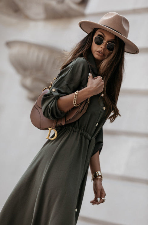 V-Neck Lace-Up Dress Round Sleeve Button Waist Casual Midi Dress