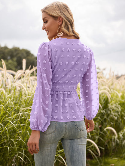 Jacquard Lace V-neck Long-sleeved Blouse