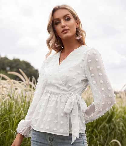 Jacquard Lace V-neck Long-sleeved Blouse