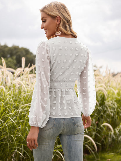 Jacquard Lace V-neck Long-sleeved Blouse