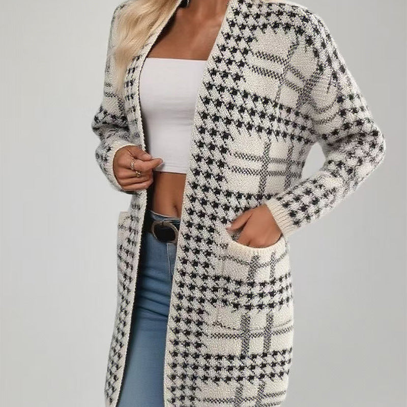 Houndstooth Knitted Long Cardigan Stylish Knit