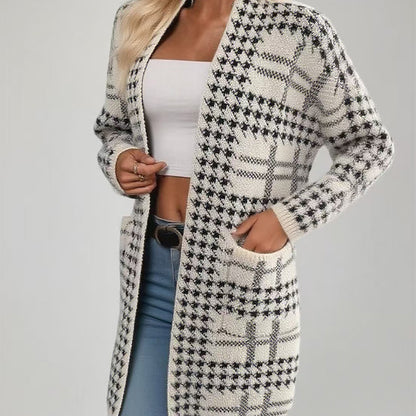 Houndstooth Knitted Long Cardigan Stylish Knit