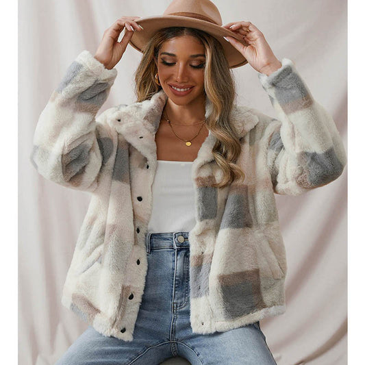 Plaid Plush Lapel Jacket Warm Outerwear