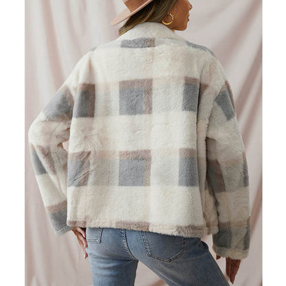 Plaid Plush Lapel Jacket Warm Outerwear