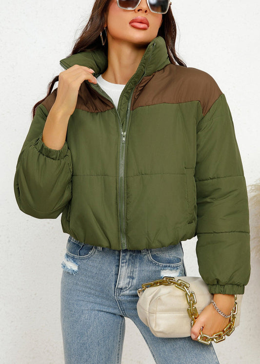 Solid Cotton-Padded Jacket Round Neck Long Sleeve with Zipper & Pockets